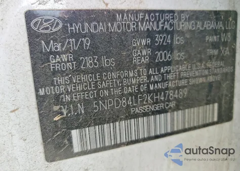 2019 Hyundai Elantra Sel z USA, uszkodzony, nr VIN 5NPD84LF2KH478489